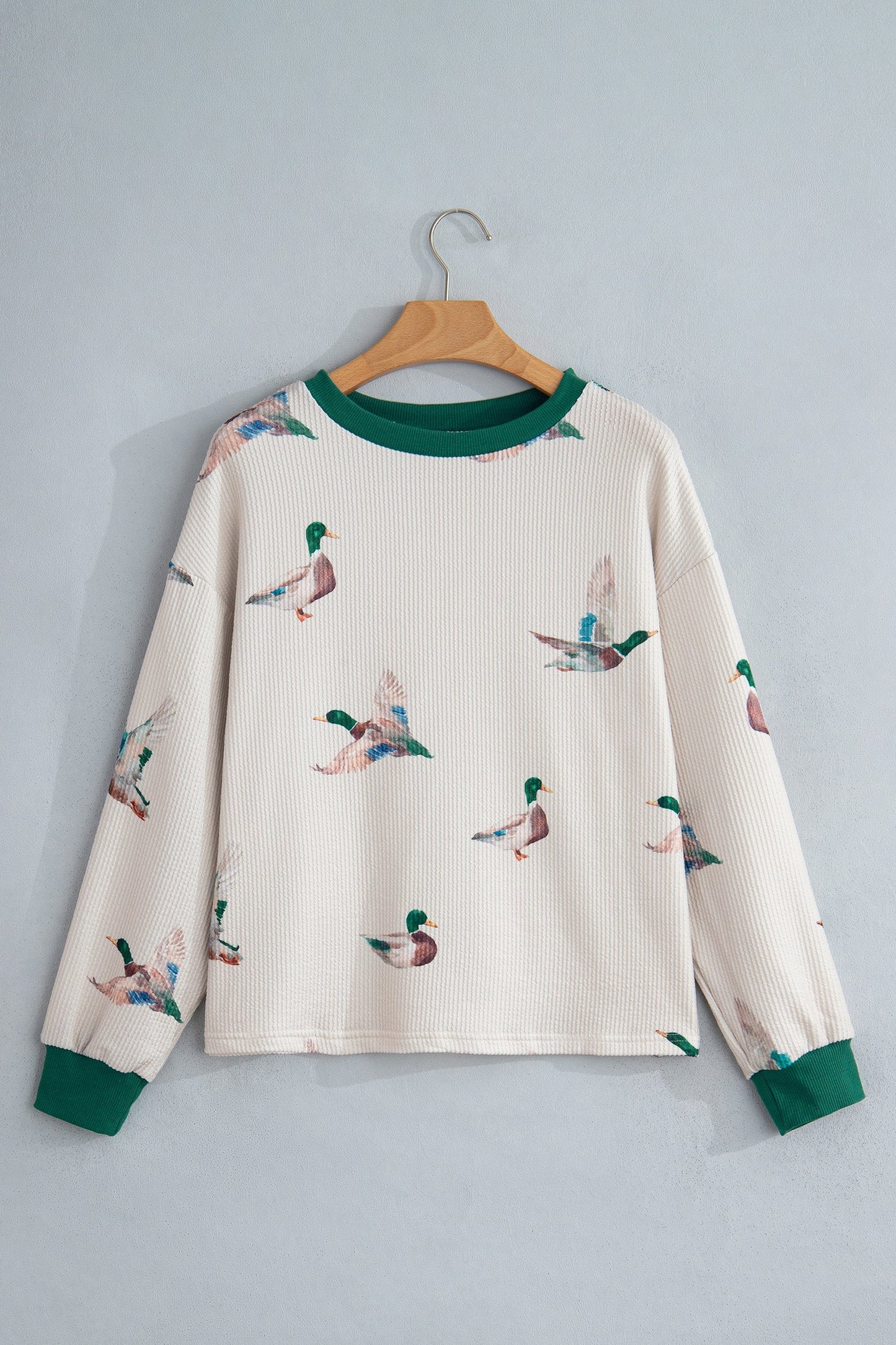 Mallard Duck Corded Knit Crew Neck Pullover Top