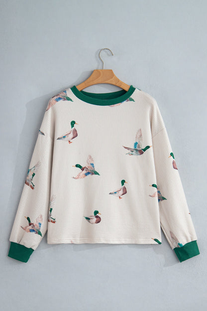 Mallard Duck Corded Knit Crew Neck Pullover Top