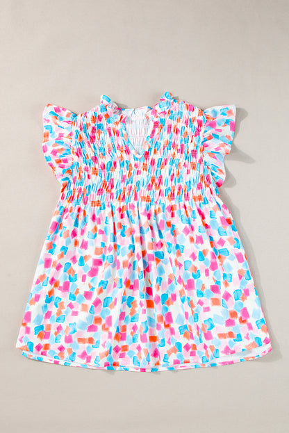 Abstract Print Shirred Yoke Ruffle Blouse