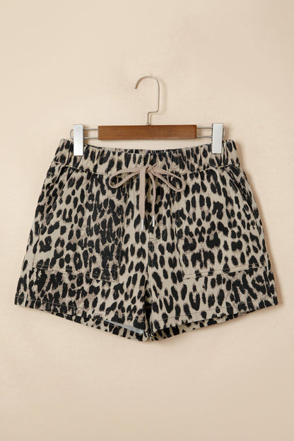 Leopard Denim Drawstring Elastic Waist Shorts