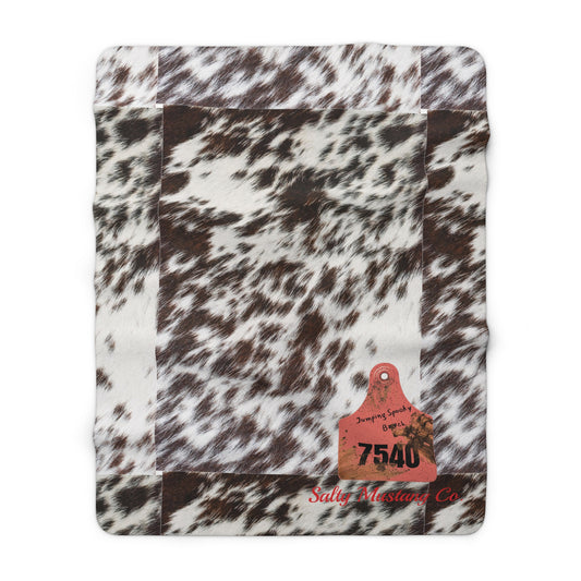 Ear Tag #7540 Jumping Spooky Bh, Spotted Cow Hide Print Sherpa Fleece Blanket