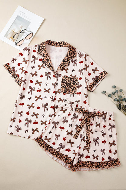 Leopard Cherry Bow Patchwork Shirt & Shorts Pajama Set