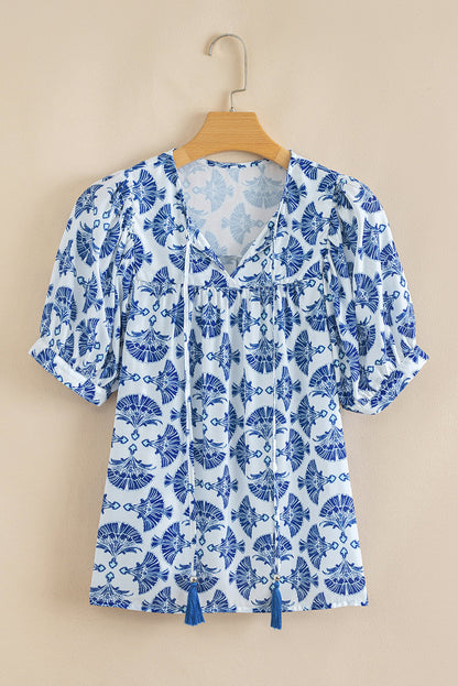 Geometric Tassel Tie V-Neck Short Sleeve Blouse