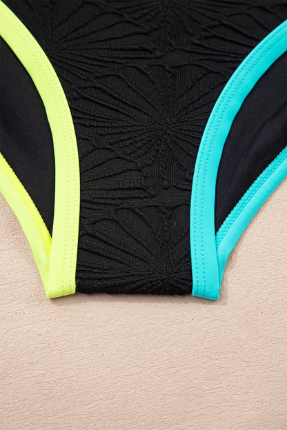 Floral Textured Neon Trim Crisscross Tankini Set