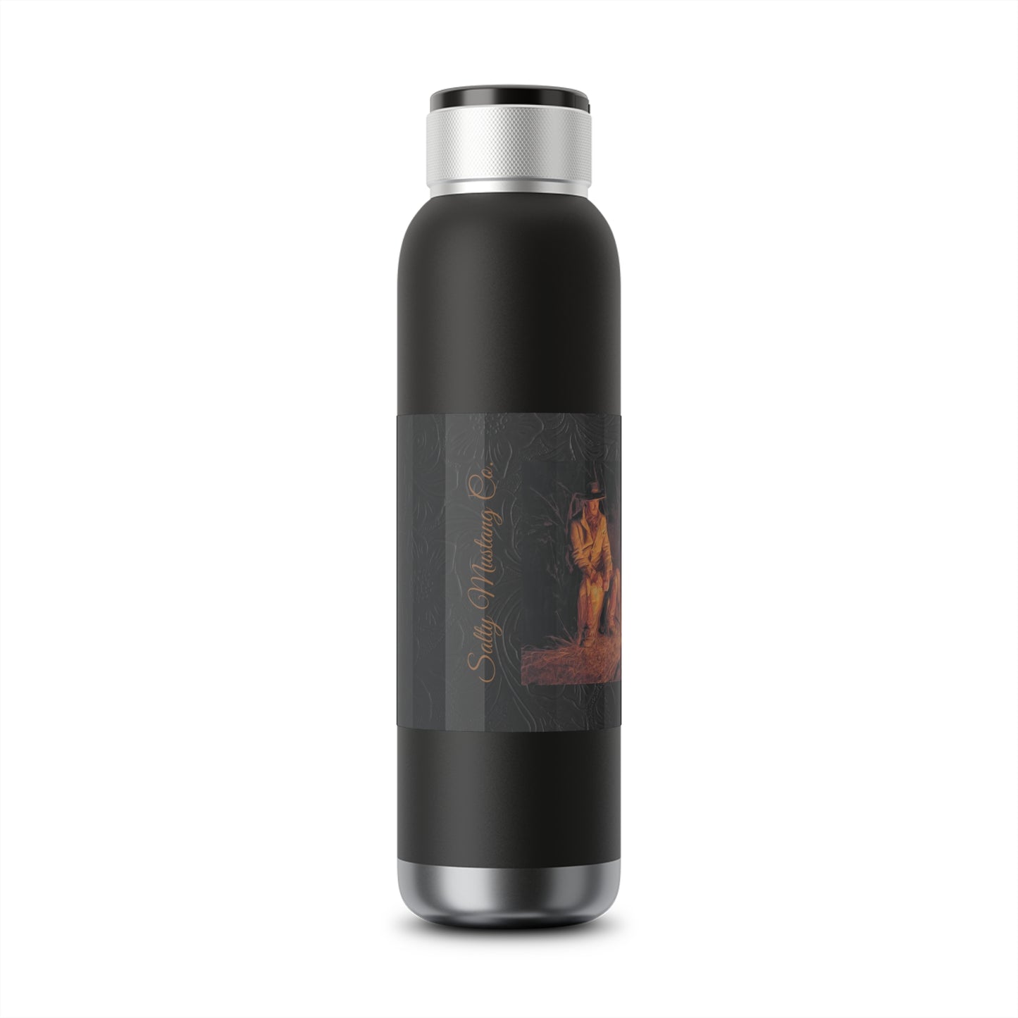 Campfire Cowboy Black Leather Print Background Soundwave Copper Vacuum Bluetooth Audio Bottle 22oz