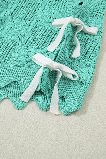 Pointelle Knit Scallop Trim Short Sleeve Sweater