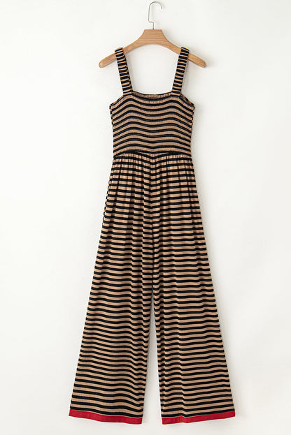 Stripe Square Neck Shirred Wide Leg Jumpsuit