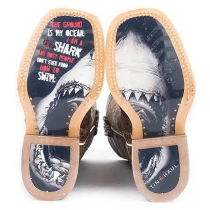 Tin Haul Sharky / Man Eater Sole (Tan) - Little Kids/Big Kids Leather Cowboy Boots