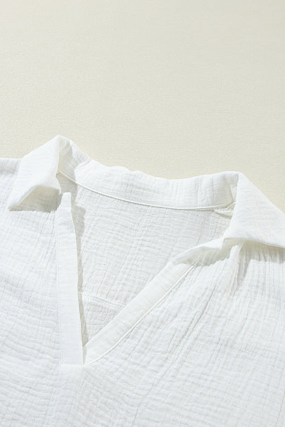 Embroidered Eyelet Crinkled Gauze Collared V-Neck Blouse