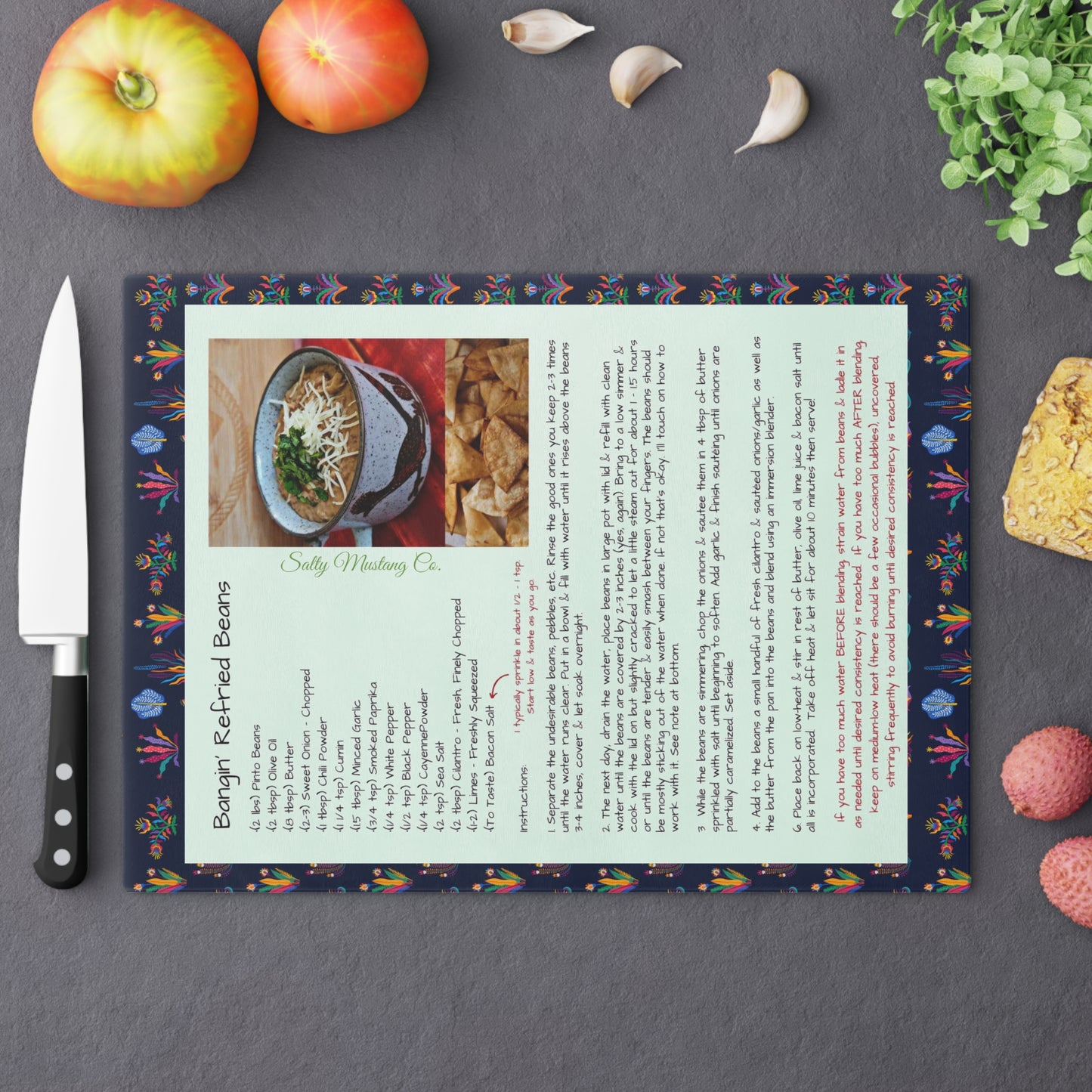 Highland Queen Ranch Bangin' Refried Beans Recipe Mexican Pattern Cutting Board