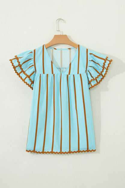 Stripe Ricrac Trim Double Ruffle Short Sleeve Blouse