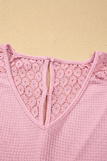 Lace Patchwork Buttoned Cutout Waffle Knit Blouse
