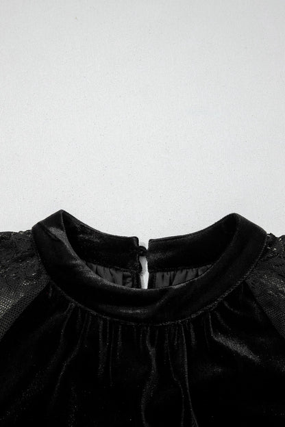 Solid Velvet Patchwork Sheer Lace Long Sleeve Blouse
