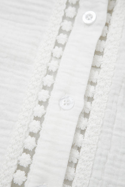 Solid Crinkle Textured Lace Trim Buttoned Shirt