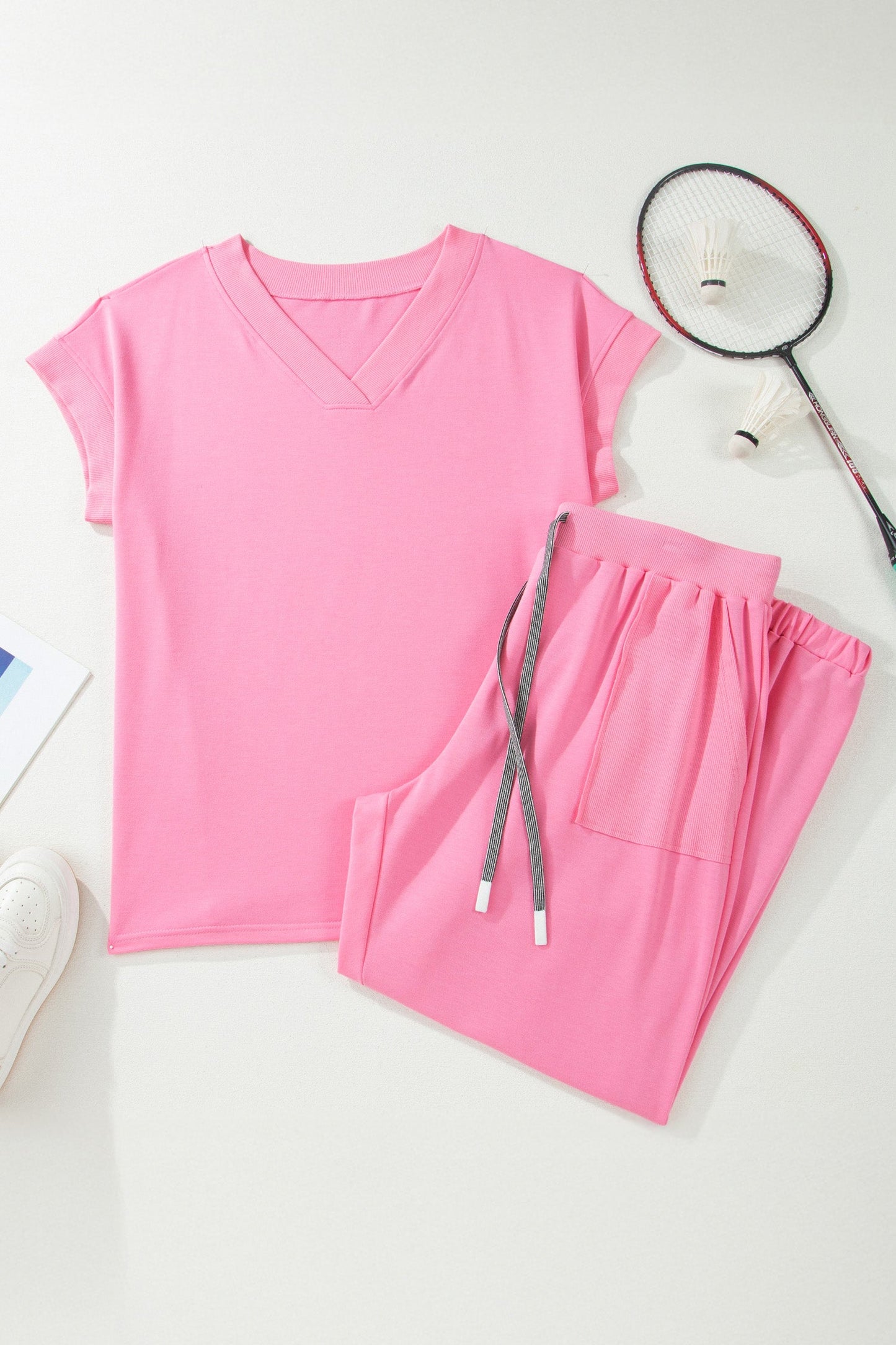 Plus Size Solid V-Neck Tee & Drawstring Pants Set