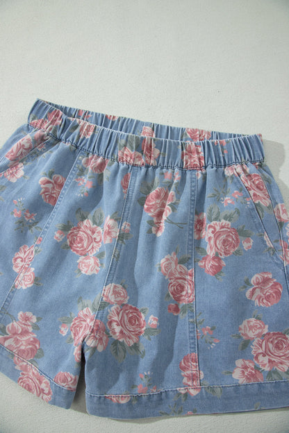 Floral Denim Short Sleeve Top & Loose Shorts Set