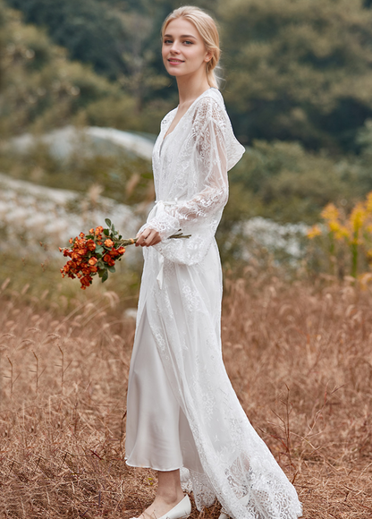 Romantic Floral Lace Hooded Bridal Robe Set – Long Sheer Lace Cover-Up with Satin Slip