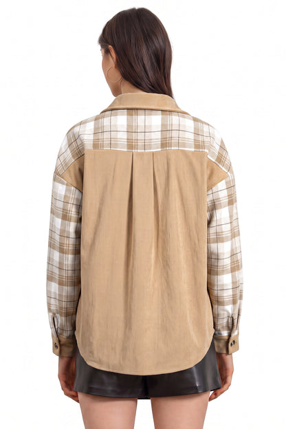 Plaid Colorblock Patch Pocket Buttoned Shacket