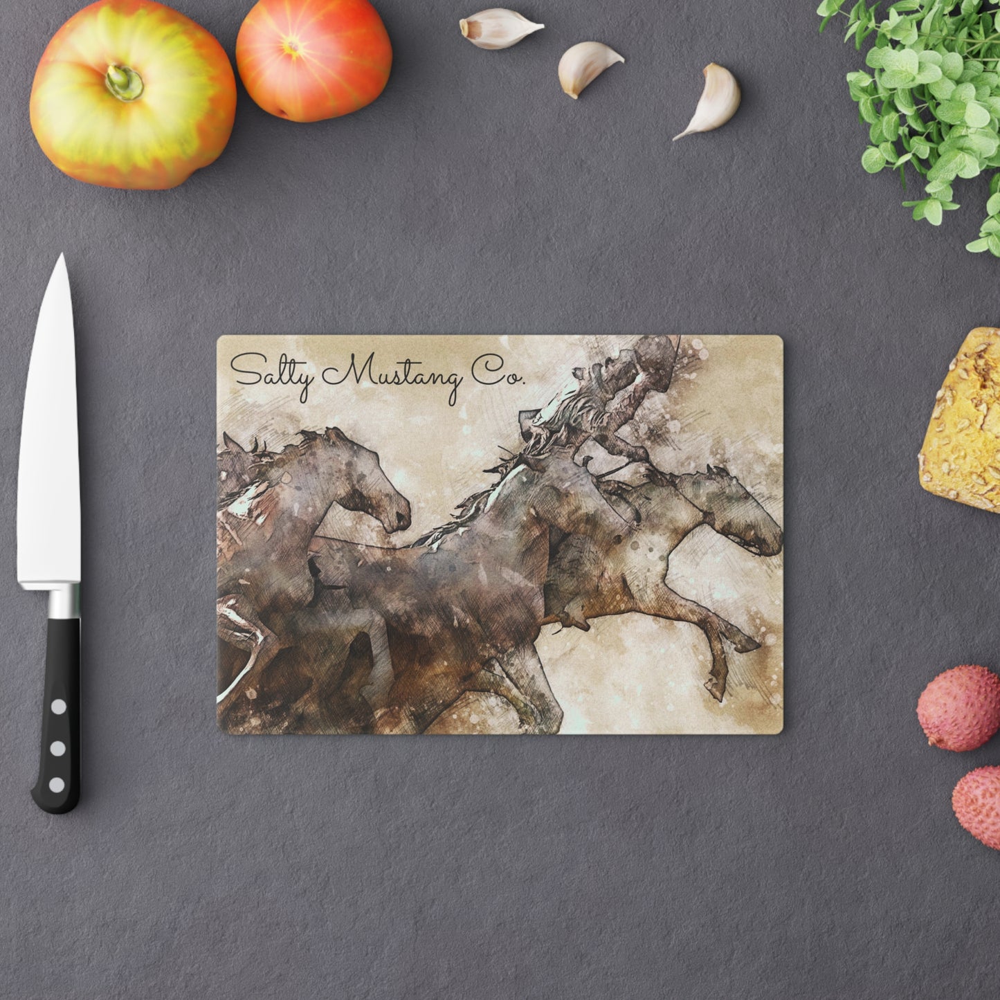 Salty Mustang Co. Horses Glass Cutting Board