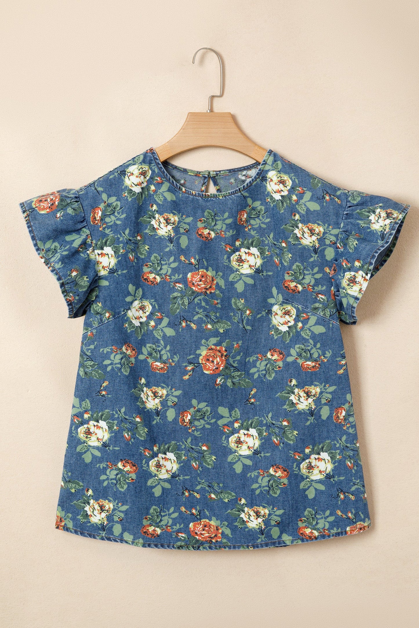 Floral Denim Ruffle Short Sleeve Top