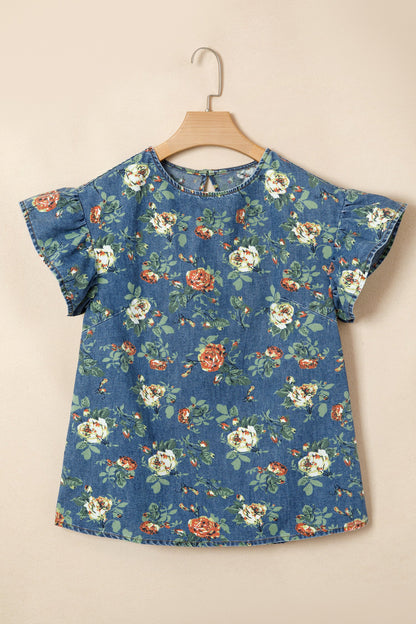 Floral Denim Ruffle Short Sleeve Top