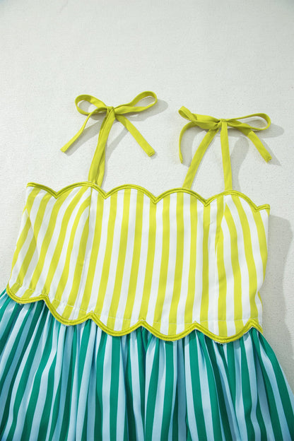 Stripe Scalloped Contrast Patchwork Knot Strap Midi Dress