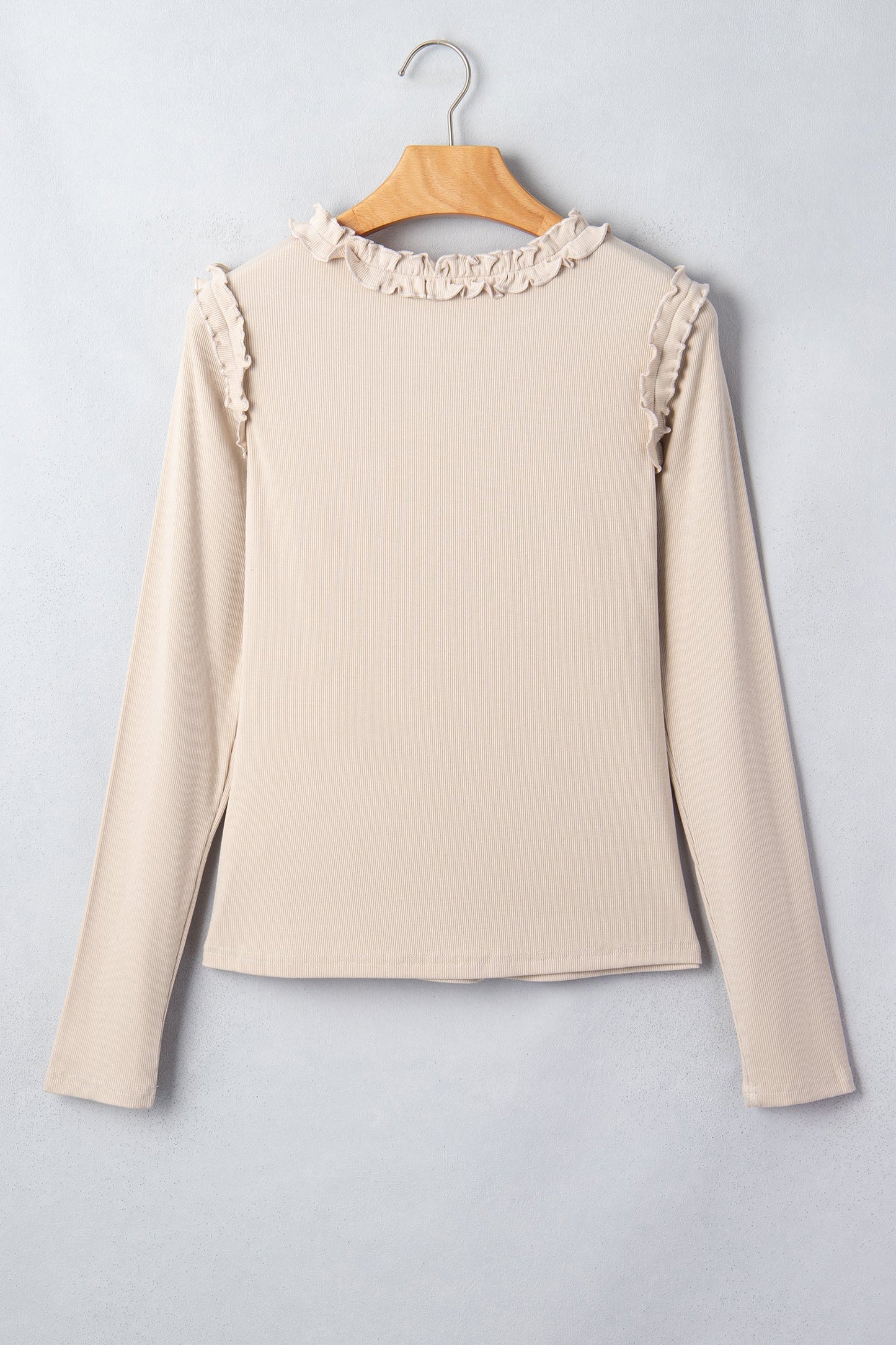 Solid Ribbed Knit Frilled Long Sleeve Top