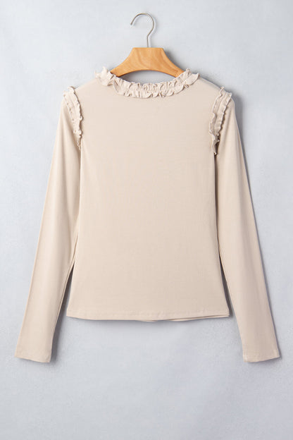 Solid Ribbed Knit Frilled Long Sleeve Top