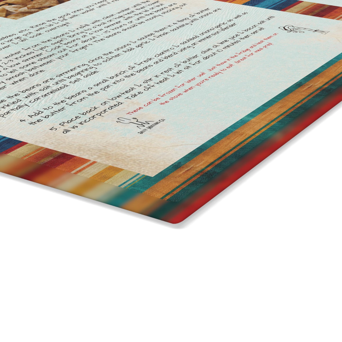 Highland Queen Ranch Ranchy Refried Beans Recipe Rustic Serape Glass Cutting Board