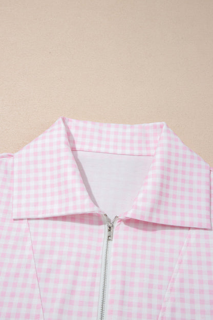 Gingham Half Zip Top & Elastic Waist Shorts Set