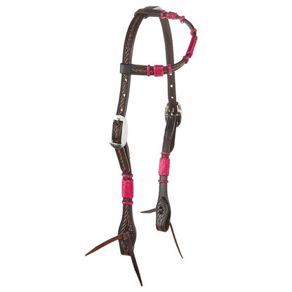 WD-RRSEH-HP Hot Pink Rawhide Rope Tooled Single Ear Headstall