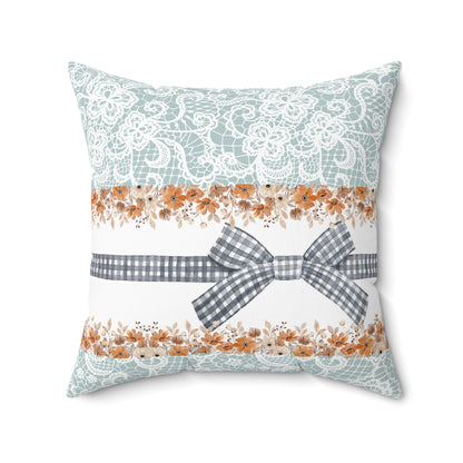 Lace and Bow Floral Faux Suede Square Pillow