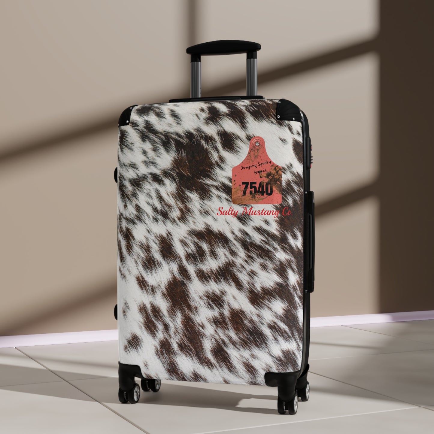 Ear Tag #3468 Waspy Heifer, Brindle Cow Print Suitcase