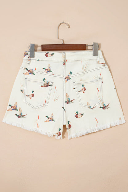 Mallard Duck Denim High Waist Frayed Shorts
