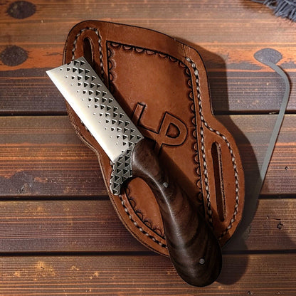 The Rustler – Custom Handmade Farrier Rasp Steel Bull Cutter Knife with Burl Rosewood Handle & Leather Sheath