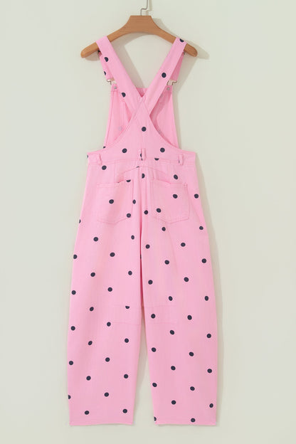 Polka Dot Denim Barrel Leg Overalls Jumpsuit
