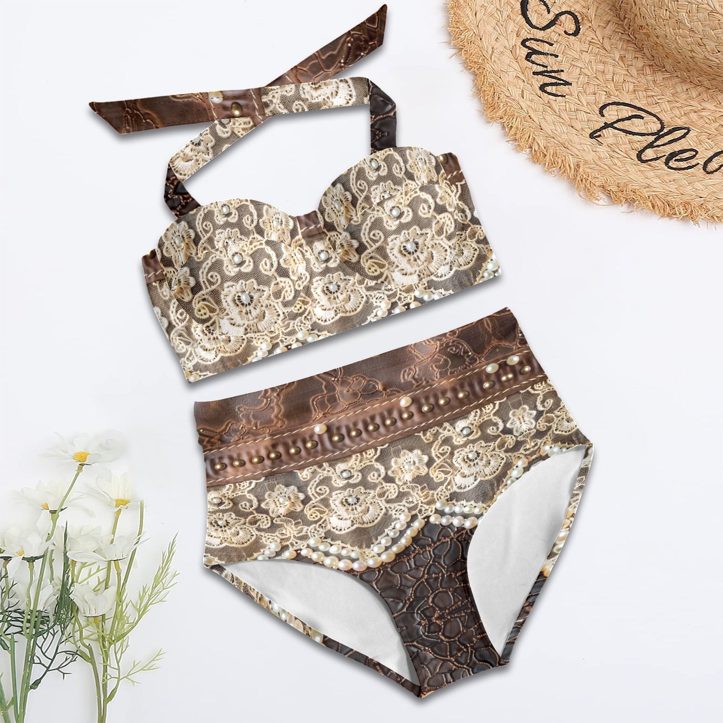 Leather & Lace Halter Neck Bikini Swimsuit
