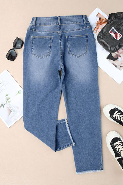 Buttoned High Waist Raw Hem Skinny Jeans