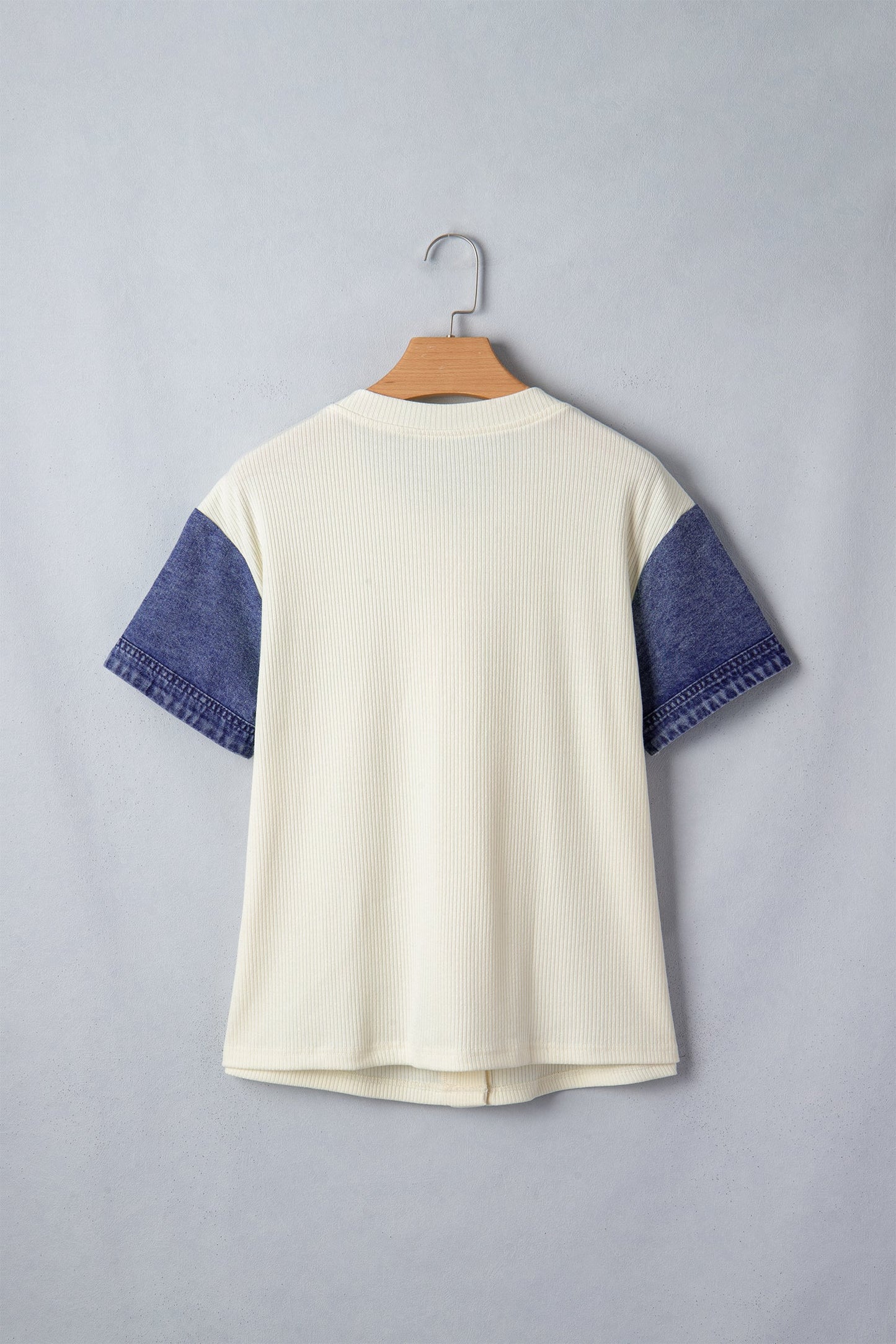 Denim Ribbed Patchwork Short Sleeve Buttoned Shirt