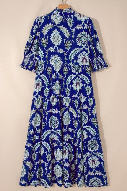 Floral Frilled Collar Puff Sleeve Maxi Dress