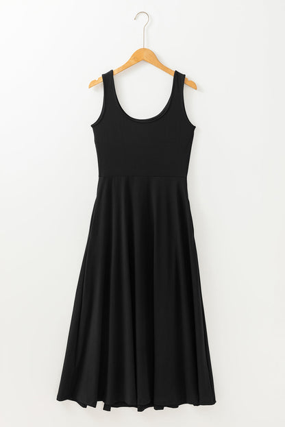 Solid Sleeveless Flared Side Slit Midi Dress