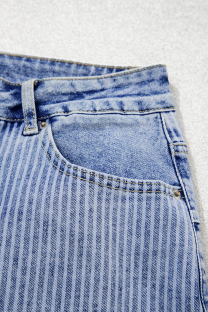 Stripe Denim Paisley Patchwork Raw Hem Shorts
