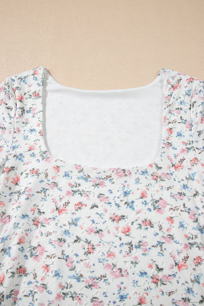 Floral Textured Square Neck Slim Fit Long Sleeve Top