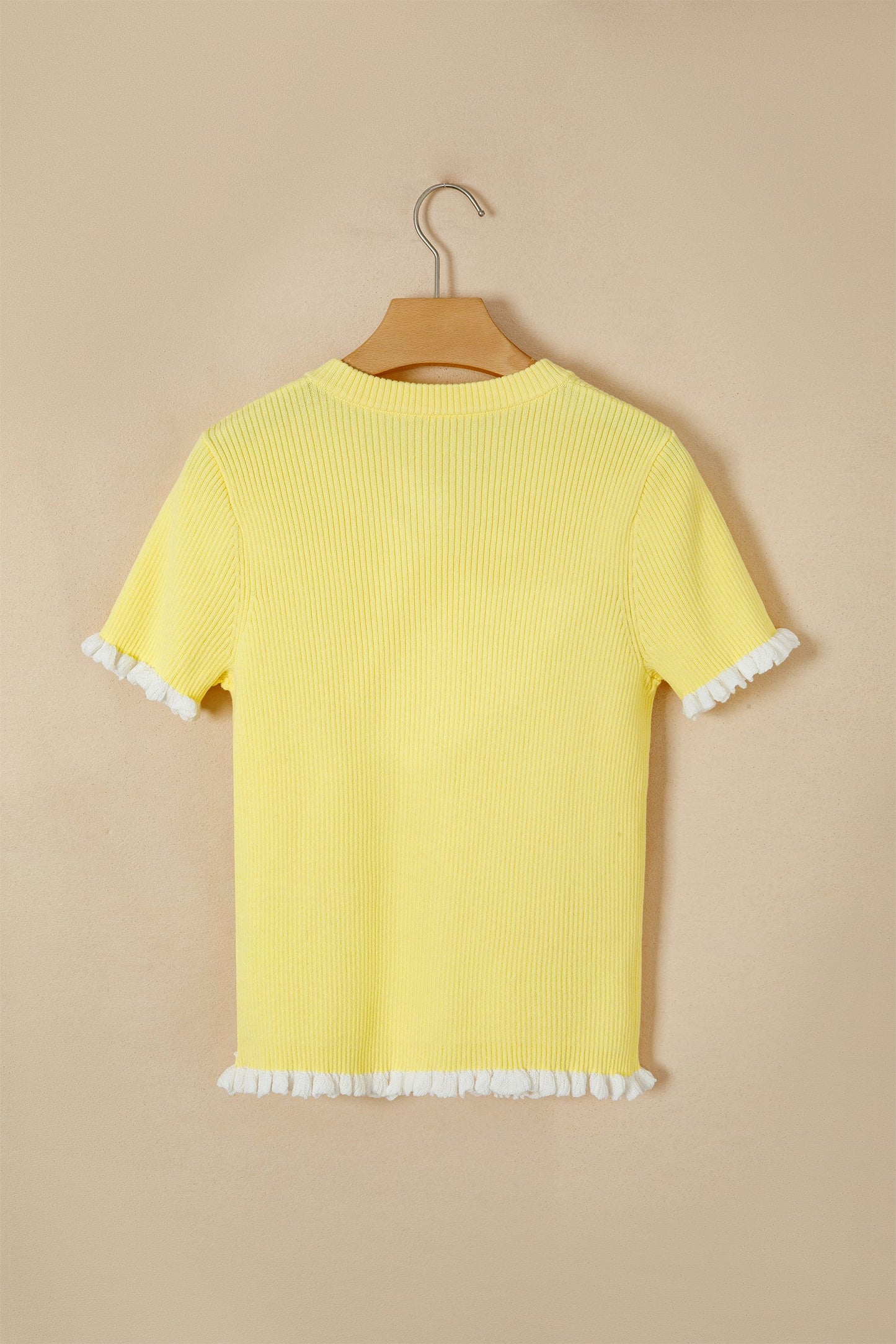 Solid Ribbed Frilled Short Sleeve Sweater Cardigan
