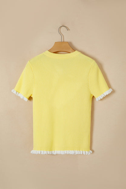 Solid Ribbed Frilled Short Sleeve Sweater Cardigan