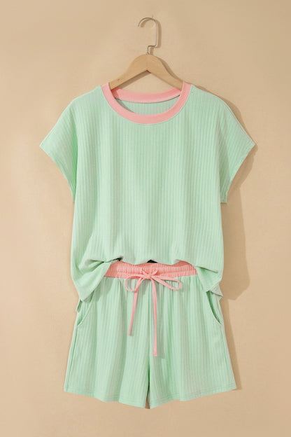 Colorblock Trim Ribbed Top & Shorts Set