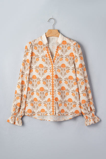 Floral Contrast Detail V-Neck Long Sleeve Blouse
