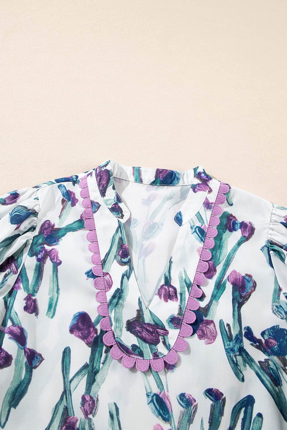 Floral Ricrac Trim Short Sleeve Peplum Top