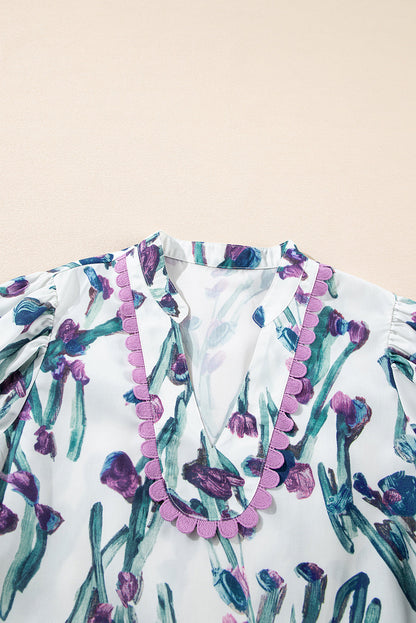 Floral Ricrac Trim Short Sleeve Peplum Top