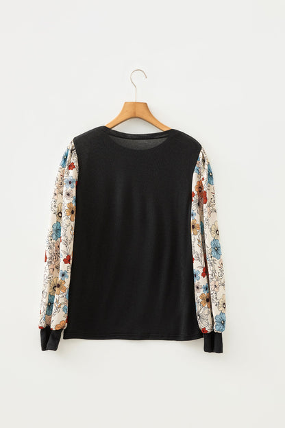 Leopard & Floral Patchwork Puff Sleeve Top